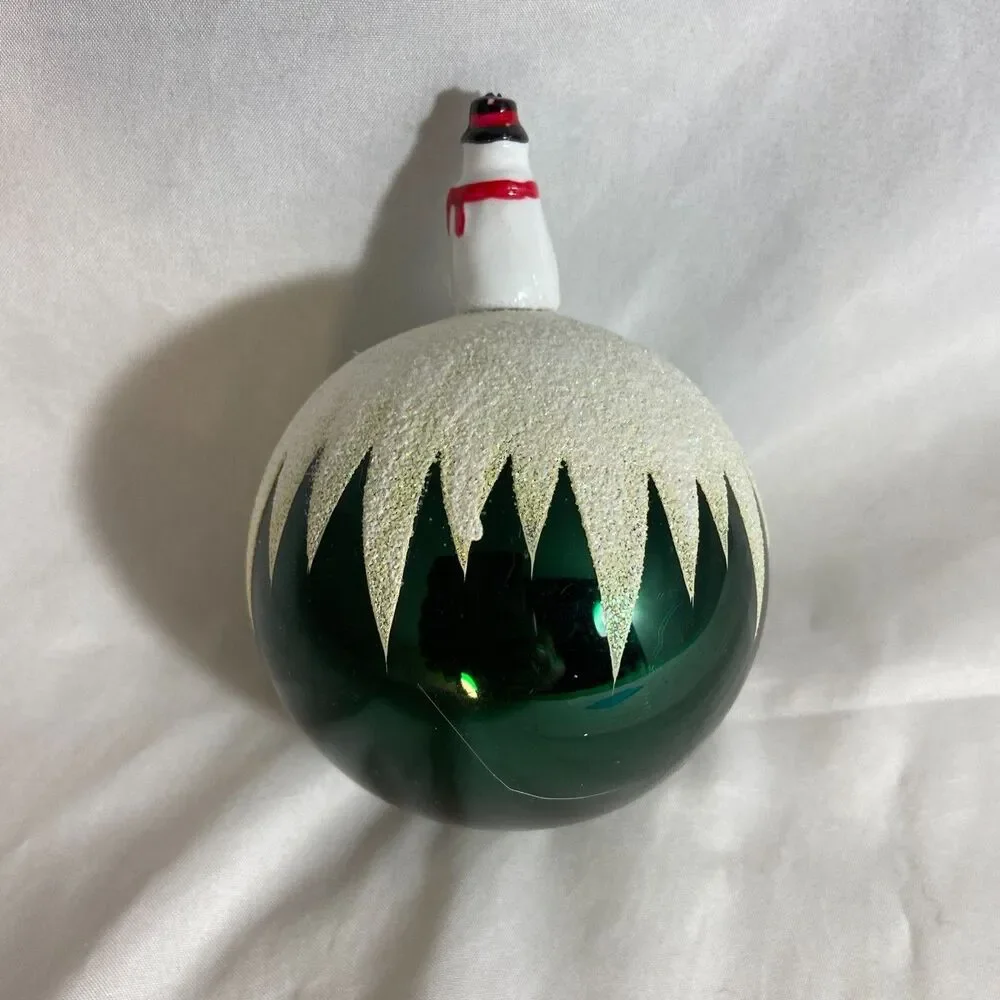 #8280 HAND PAINTED LARGE GLASS CHRISTMAS ORNAMENT SNOW MAN GREEN 3.25 in